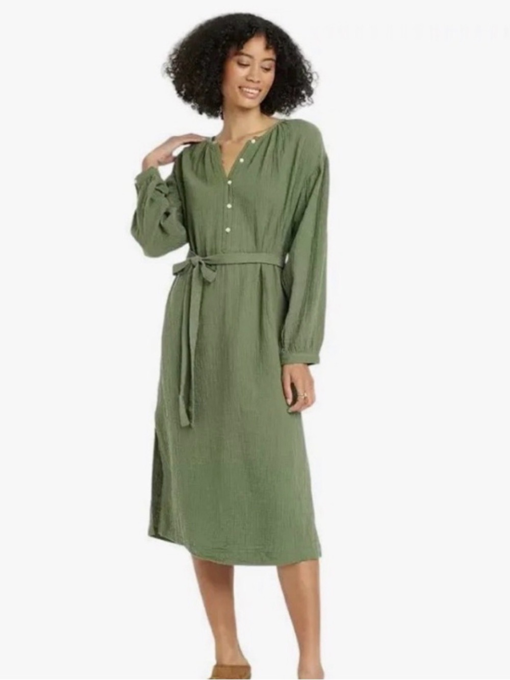 Universal Thread Olive Green Long Sleeve Belted Midi Dress